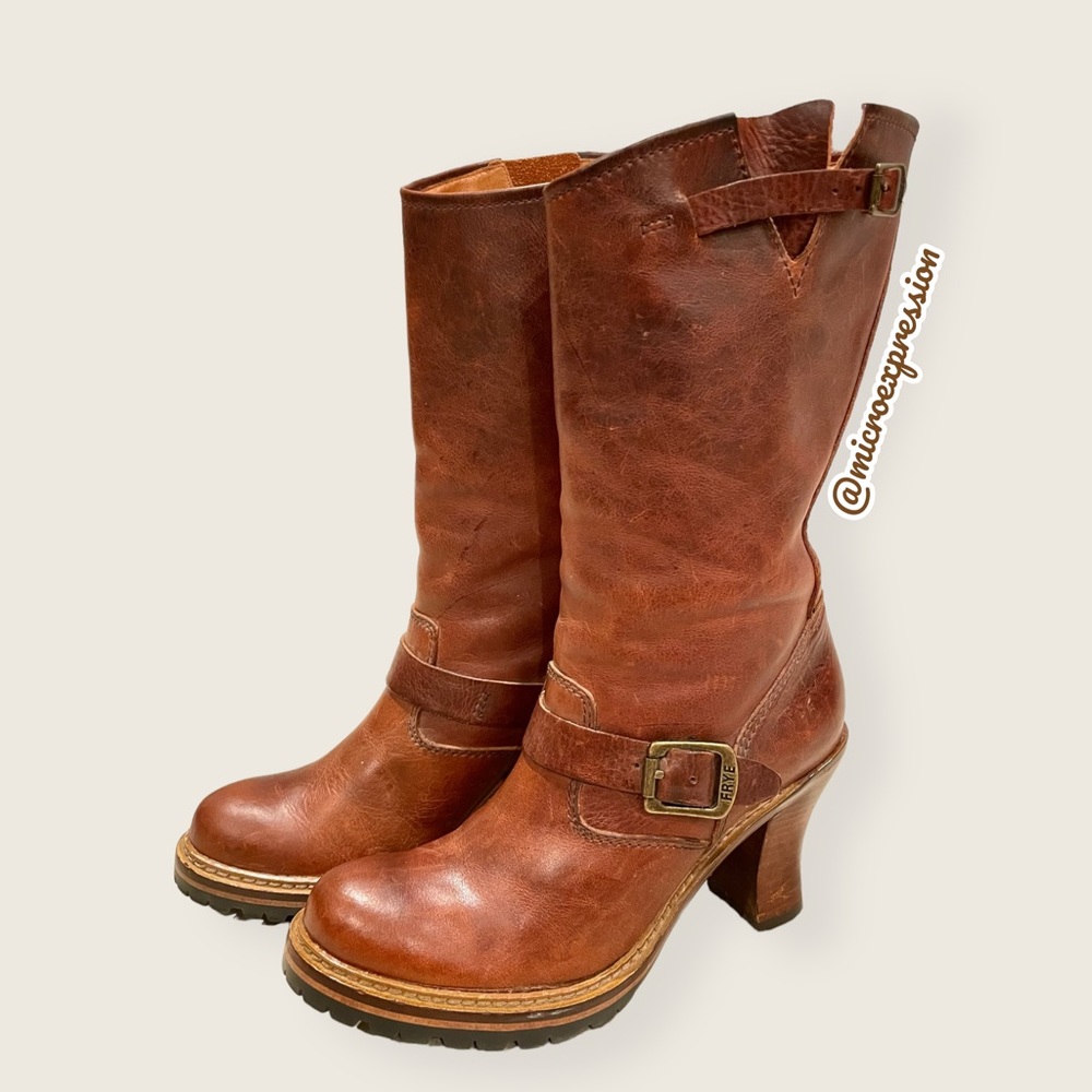 $388 Frye Mildred Brown English Engineer Leather Buckled Heeled Riding Boots - Picture 5 of 14
